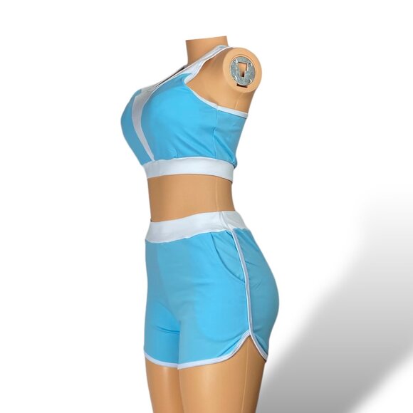 Women Short Sleeve Crop Top & Shorts - Tops with Removable Pads | Light blue - Picture 2 of 5